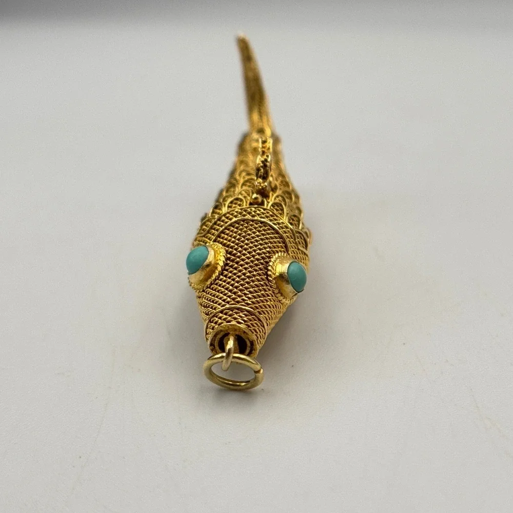 Vintage Chinese Export Silver Vermeil Articulated Koi Fish Pendant Turquoise Eye